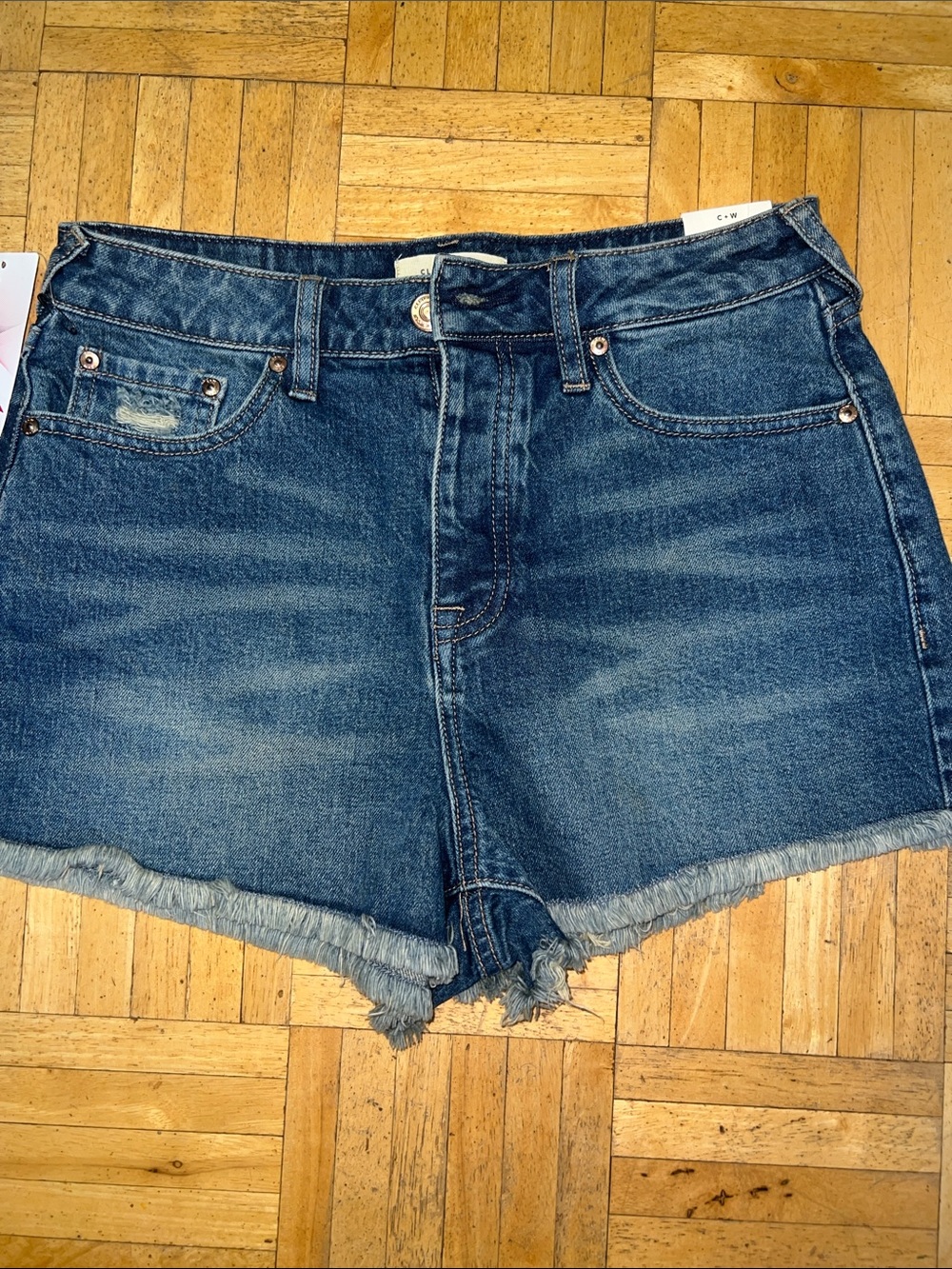 Frayed Hem High-Rise Denim Shorts - Blue